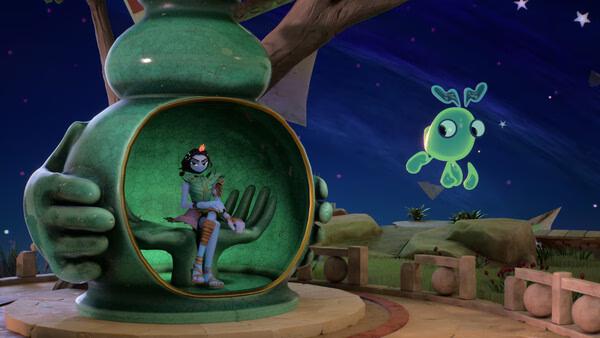 Screenshot from the game Kiln showing a character seated inside a green pottery-shaped structure with a glowing floating creature nearby.