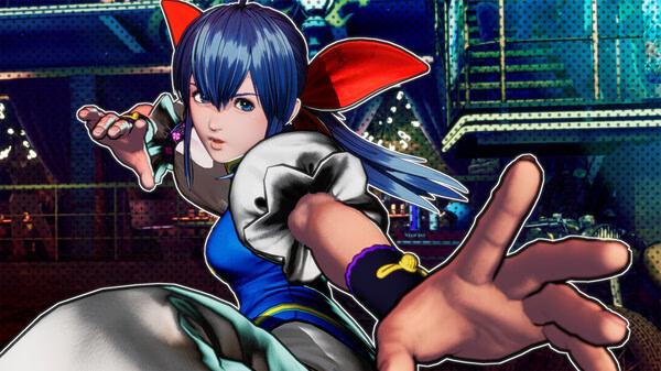 Screenshot from FATAL FURY: City of the Wolves showing a blue-haired fighter in action, striking a dynamic pose in a neon-lit arena.