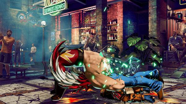 Screenshot from FATAL FURY: City of the Wolves showing two fighters mid-battle in a vibrant urban street setting.