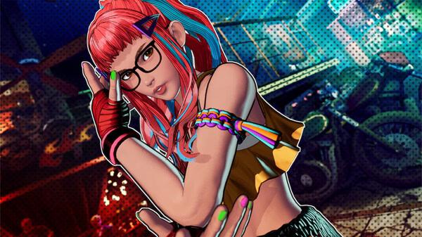 Screenshot from FATAL FURY: City of the Wolves showing a colorful character with pink hair and glasses in a vibrant urban setting.