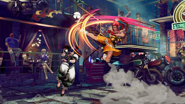 Screenshot from FATAL FURY: City of the Wolves showing two fighters in a dynamic kick exchange in a vibrant urban setting.