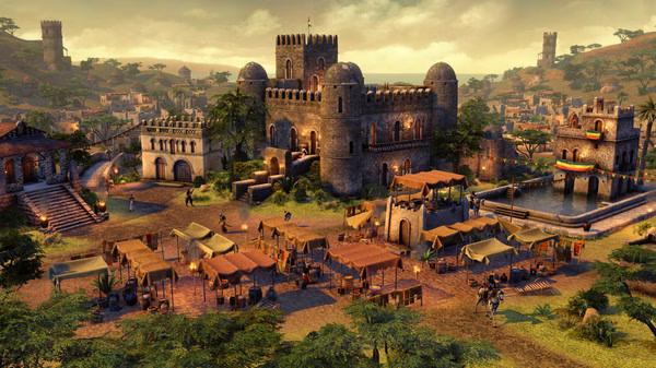 Screenshot from Age of Empires III: Definitive Edition - The African Royals showing a bustling marketplace and grand African architecture.