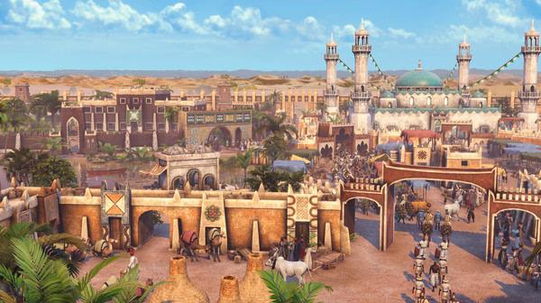 Screenshot from Age of Empires III: Definitive Edition - The African Royals showing a bustling desert town with markets and mosques.