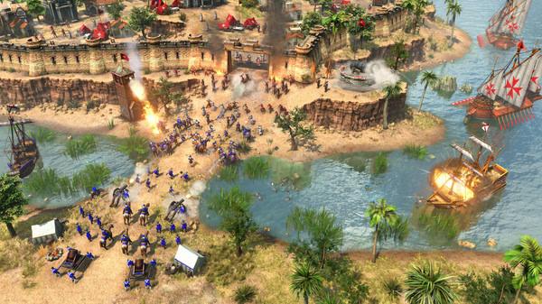 A screenshot from Age of Empires III: Definitive Edition - Knights of the Mediterranean shows a coastal battle with ships and troops.