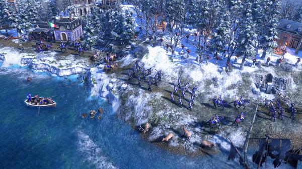 Screenshot from Age of Empires III: Definitive Edition - Knights of the Mediterranean showing troops marching through a snowy coastal village.