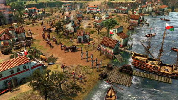 Screenshot from Age of Empires III: Definitive Edition - Mexico Civilization showing a coastal village with troops, ships, and buildings.