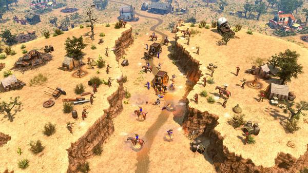 A screenshot from Age of Empires III: Definitive Edition - Mexico Civilization showing a battle on a desert canyon with units and camps.