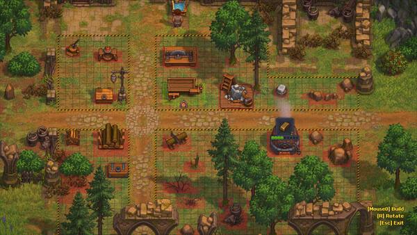 A Graveyard Keeper 2 screenshot showing a workshop area with crafting stations, tools, and a furnace in a medieval village setting.