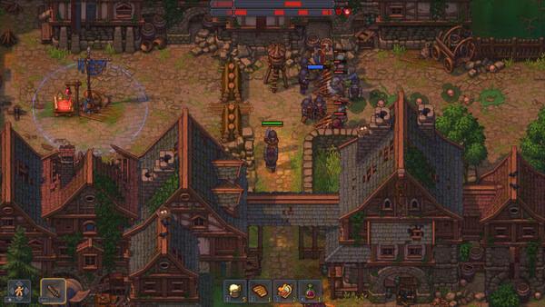 A Graveyard Keeper 2 screenshot showing a village scene with medieval buildings, characters, and a combat encounter in progress.