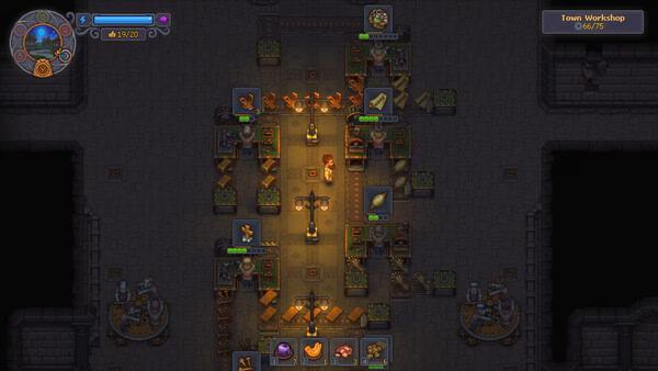 A screenshot from Graveyard Keeper 2 showing a workshop with crafting stations, resources, and lit torches in a dungeon-like setting.