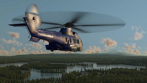 A Transport Fever 3 screenshot showing a helicopter flying over a lush forest landscape with rivers and scattered buildings.