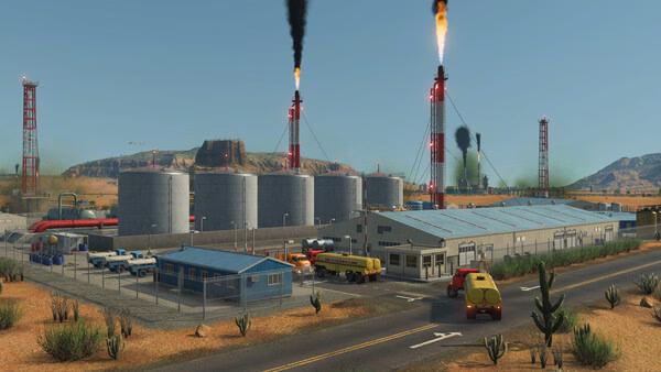 Transport Fever 3 screenshot showing a bustling oil refinery with storage tanks, smokestacks, trucks, and industrial buildings in a desert setting.