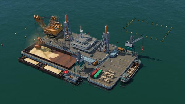 A Transport Fever 3 screenshot showing a detailed offshore platform with cranes, cargo ships, and construction equipment.
