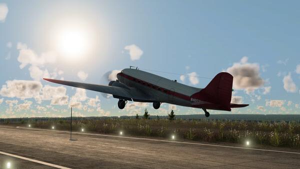 A Transport Fever 3 screenshot showing a red and gray airplane taking off from a runway against a bright, cloudy sky.