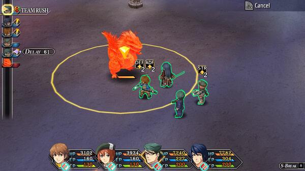 Screenshot from The Legend of Heroes: Trails to Azure showing a party of characters battling a fiery monster in a circular arena.
