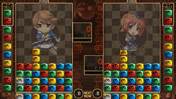 A screenshot from "The Legend of Heroes: Trails to Azure" showing two characters in a puzzle mini-game with colorful blocks.