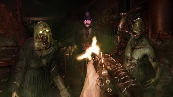 Sker Ritual screenshot of a first-person view firing a weapon at zombies while a man in a top hat watches.