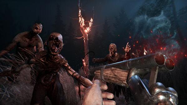 Sker Ritual screenshot of a player aiming a double-barreled shotgun at zombie-like monsters in a dark forest.