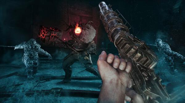 Sker Ritual screenshot: first-person view aiming a large ornate gun at a fiery-headed monster and zombie-like enemies.