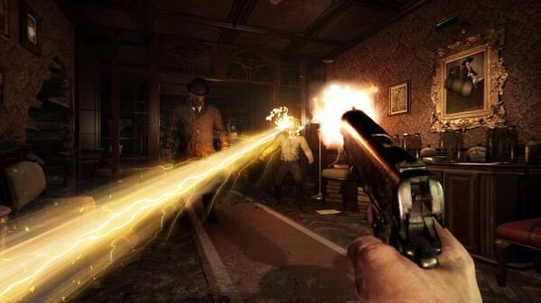Sker Ritual screenshot showing a first-person view of a revolver firing a bright energy beam at a burning enemy in a vintage room.