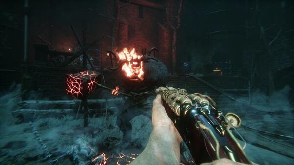 Sker Ritual screenshot of a first-person view holding an ornate gun, aiming at a glowing fiery monster in a dark, ruined building.