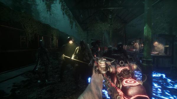 Sker Ritual screenshot showing a first-person view aiming a glowing red weapon at approaching zombie miners in a dark tunnel.