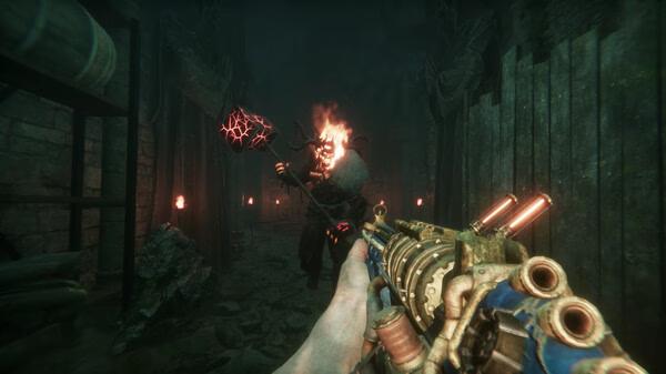 Sker Ritual screenshot: first-person view aiming an ornate gun at a fiery masked enemy in a dark corridor.