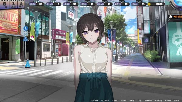Home screenshot showing an anime girl with short brown hair in a white blouse and teal skirt standing on a city street.