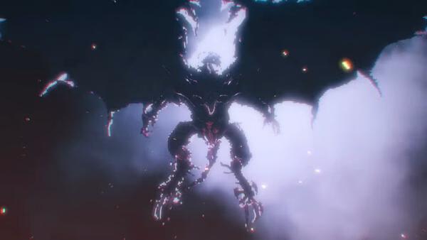 FINAL FANTASY RESONANCE screenshot of a dark, winged demonic boss with glowing energy floating in a bright, misty sky.