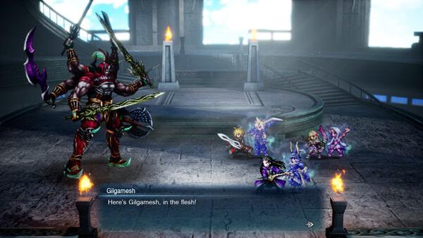 FINAL FANTASY RESONANCE screenshot showing the multi-armed boss Gilgamesh facing a party of heroes in a stone arena.