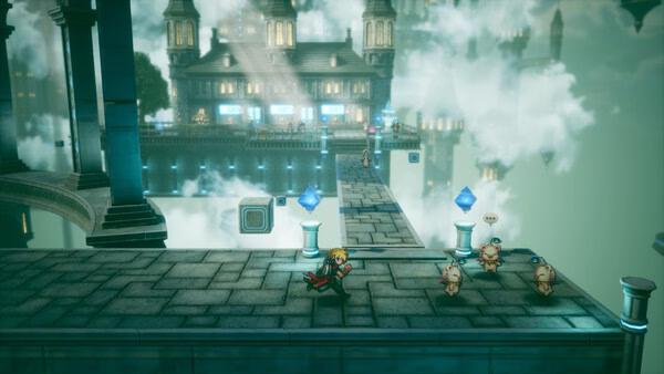 screenshot of FINAL FANTASY RESONANCE showing a sword-wielding hero on a stone platform near blue crystals and a floating castle.