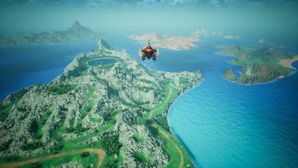 FINAL FANTASY RESONANCE screenshot of a flying airship above green coastal mountains and blue sea.