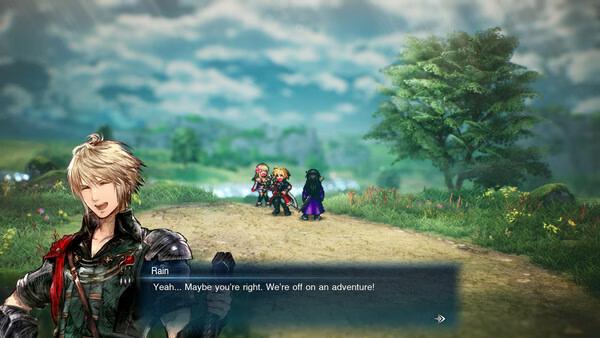 FINAL FANTASY RESONANCE screenshot showing Rain's portrait and a small party on a grassy path.