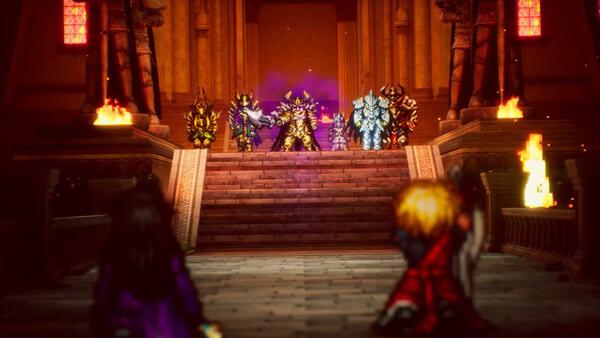 FINAL FANTASY RESONANCE screenshot showing armored figures on fiery temple stairs facing two heroes in the foreground.