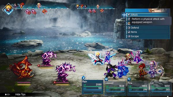 FINAL FANTASY RESONANCE screenshot of a turn-based battle with heroes fighting purple monsters by water and an Attack menu.