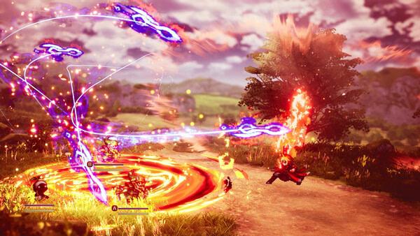 FINAL FANTASY RESONANCE screenshot showing characters in a vibrant battle with purple energy beams and fiery magic effects.