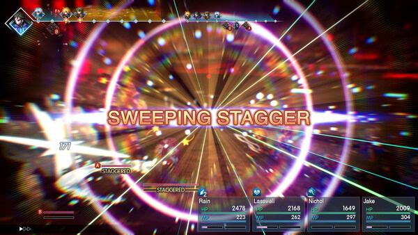Screenshot of FINAL FANTASY RESONANCE showing a colorful burst and the SWEEPING STAGGER attack text.