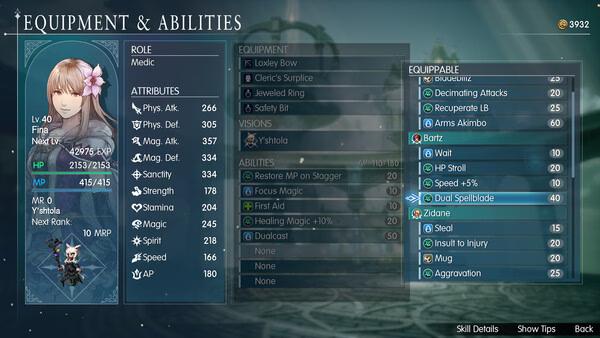FINAL FANTASY RESONANCE screenshot of the Equipment & Abilities menu showing Fina's stats, gear, and abilities.