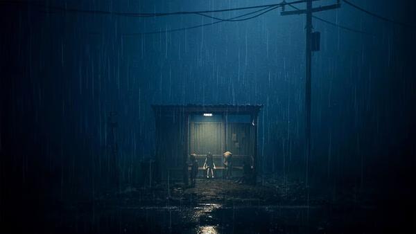 Screenshot from REANIMAL showing a dimly lit shelter at night with figures standing in the rain under heavy shadows.
