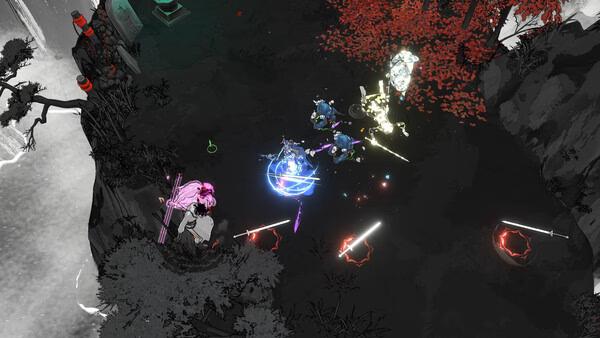 Screenshot from Shape of Dreams showing a battle scene with glowing weapons, colorful effects, and characters in a dark forest setting.