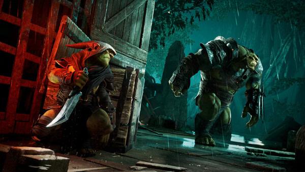 Styx: Blades of Greed screenshot showing Styx crouching with a dagger, hiding from a large armored enemy in a dimly lit forest.