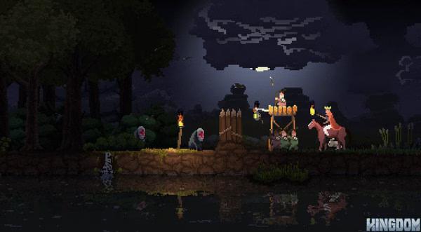 Screenshot of Kingdom: Classic showing a monarch on horseback beside a torchlit wooden fort, with workers building defenses at night.