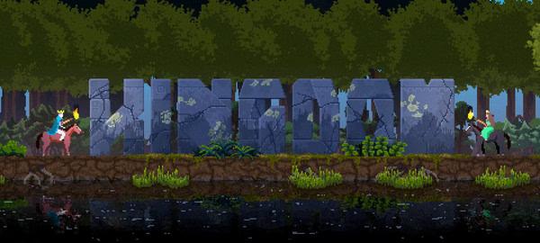 Screenshot of Kingdom: Classic showing two monarchs on horseback near a stone wall with the game's title, surrounded by a forest.