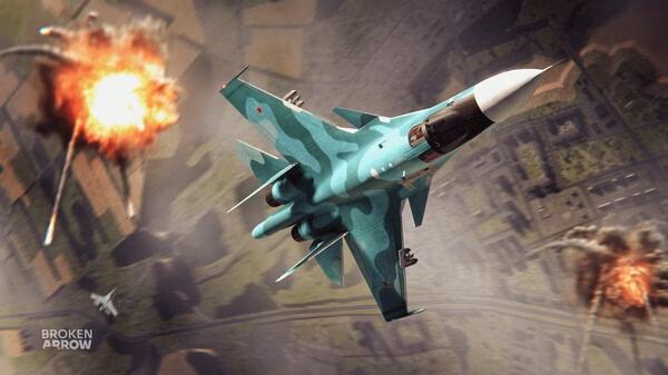 Screenshot from Broken Arrow showing a fighter jet in flight amidst explosions over a cityscape.