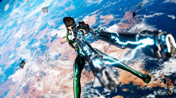 A character from Stellar Blade wields a lightning-infused weapon in space. Screenshot captures dynamic action against Earth's backdrop.