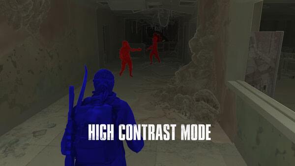 Screenshot from The Last of Us Part I showing high contrast mode, with a character navigating a dark, decayed hallway.