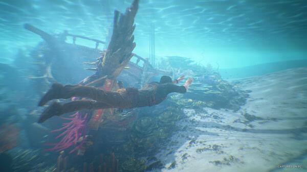 A screenshot from UNCHARTED: Legacy of Thieves Collection showing a diver swimming toward a sunken ship in an underwater scene.