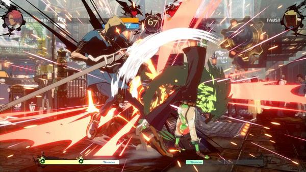 Screenshot of GUILTY GEAR -STRIVE- showing two characters in combat, surrounded by dynamic action effects and health bars.