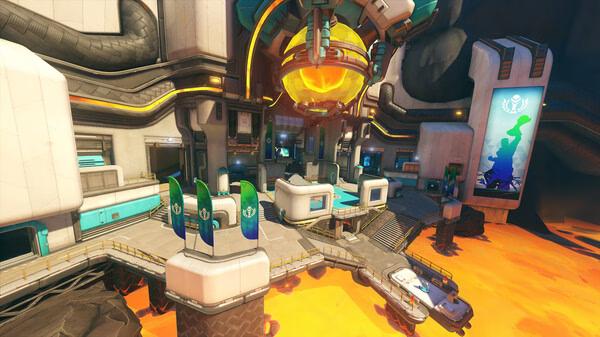 Overwatch® screenshot of a futuristic facility with a large glowing orb and platforms over a pool of lava.