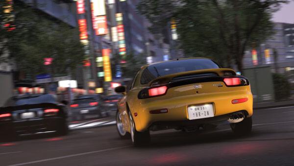 A Forza Horizon 6 screenshot showing a yellow sports car speeding through a brightly lit city street at night.